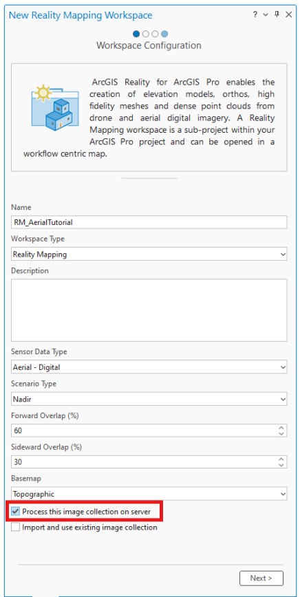 Reality mapping workspace with option to process on the server