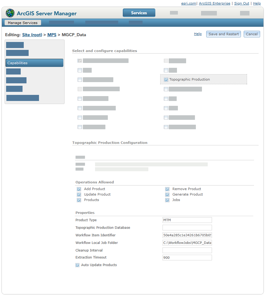 ArcGIS Server Manager with the Topographic Production capability highlighted to show its operations and other properties that were set when the service was published from ArcGIS Pro